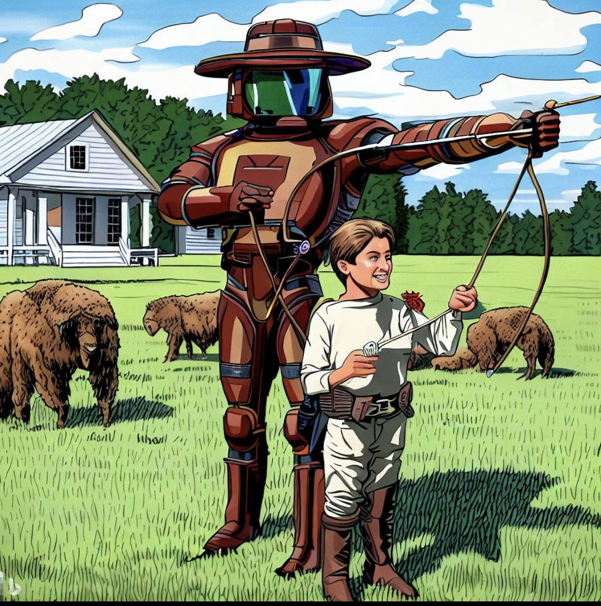 The Patrol of the Armored Guardian, the Boy, and the Woolly Beast in the Valley