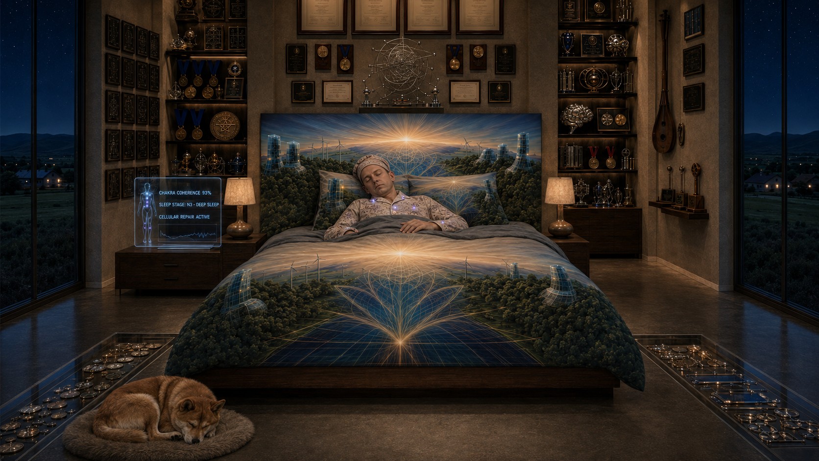 An imagined portrait of Dr. Alex Wissner-Gross asleep in patterned pajamas, surrounded by awards, with a luminous landscape across the bed and a sleeping dog in the foreground.