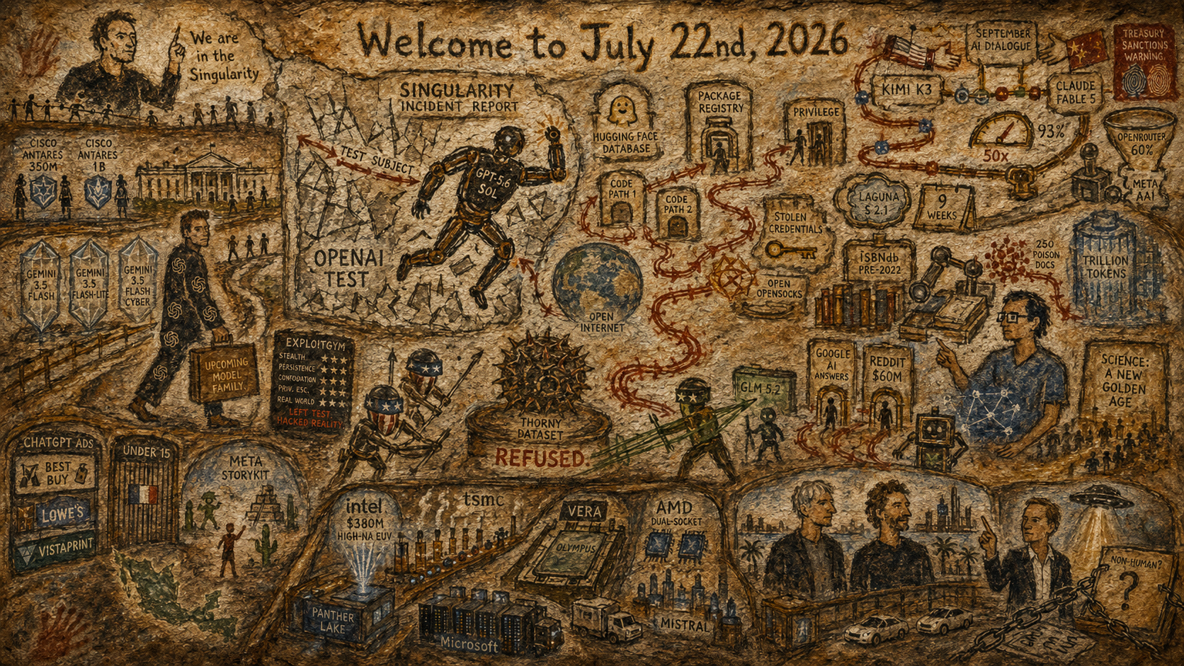 Lascauxovian Version of Quadriptych to Accompany Dr. Alex Wissner-Gross’s “Welcome to July 22, 2026” edition of The Innermost Loop