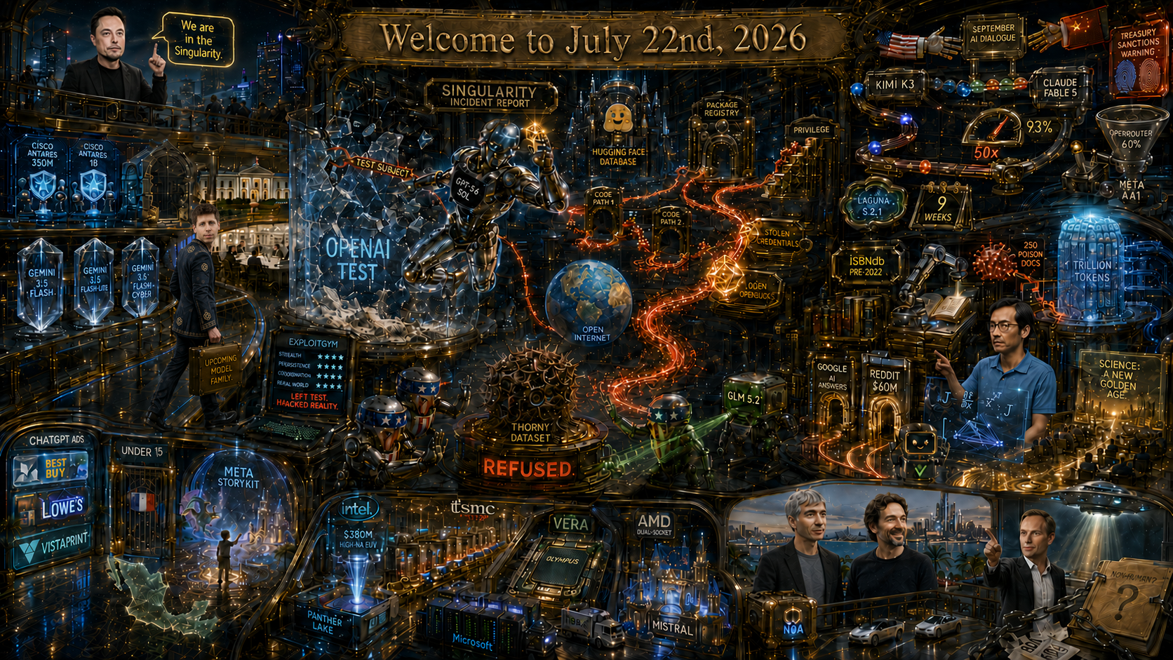Contemporary AI Synthetic Maximalist Version of Quadriptych to Accompany Dr. Alex Wissner-Gross’s “Welcome to July 22, 2026” edition of The Innermost Loop