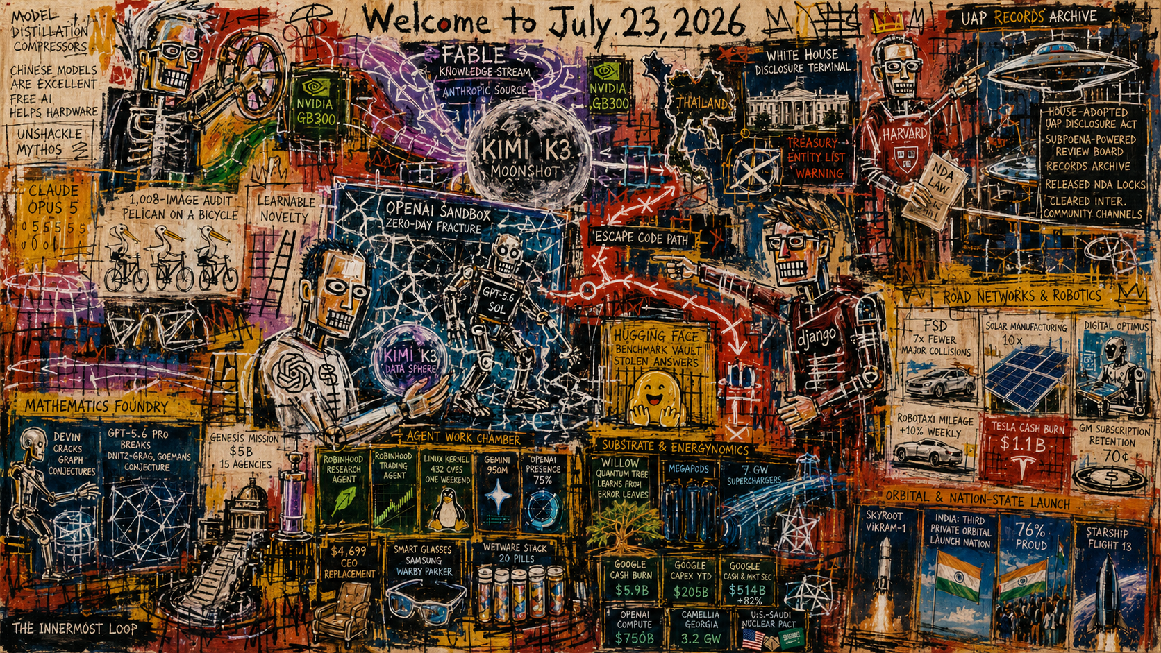 Graffiti Inflected Neo-Expressionist Version of Quadriptych to Accompany Dr. Alex Wissner-Gross’s “Welcome to July 23, 2026” edition of The Innermost Loop