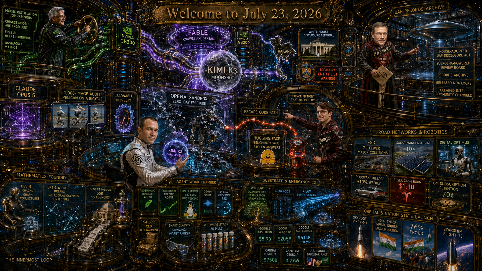 Contemporary AI Synthetic Maximalist Version of Quadriptych to Accompany Dr. Alex Wissner-Gross’s “Welcome to July 23, 2026” edition of The Innermost Loop