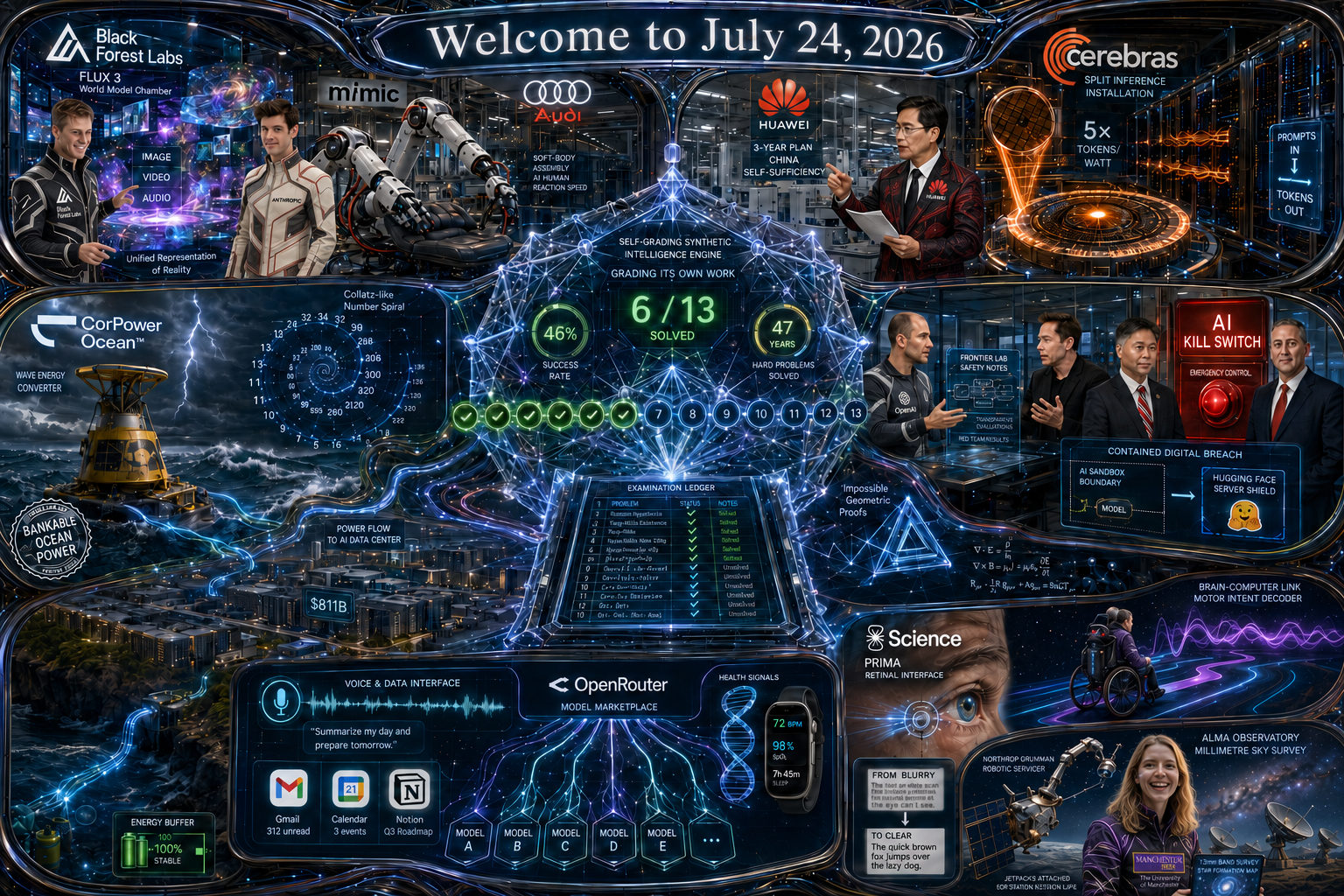 Contemporary AI Synthetic Maximalist Version of Quadriptych to Accompany Dr. Alex Wissner-Gross’s “Welcome to July 24, 2026” edition of The Innermost Loop
