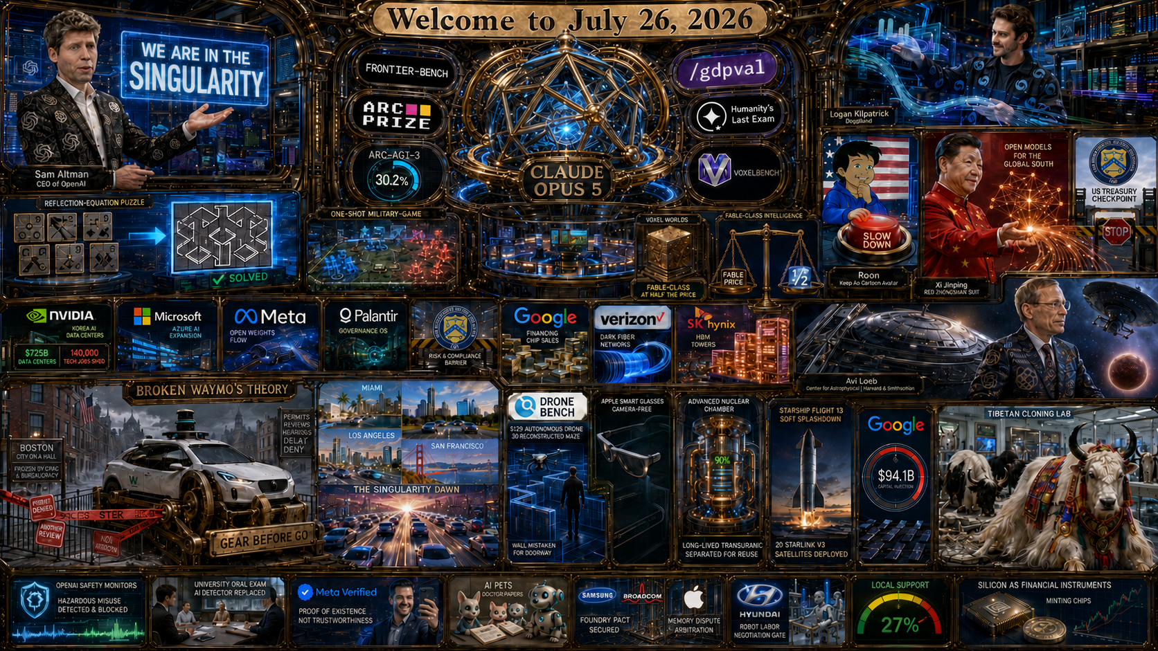 Contemporary AI Synthetic Maximalist Version of Quadriptych to Accompany Dr. Alex Wissner-Gross’s “Welcome to July 26, 2026” edition of The Innermost Loop