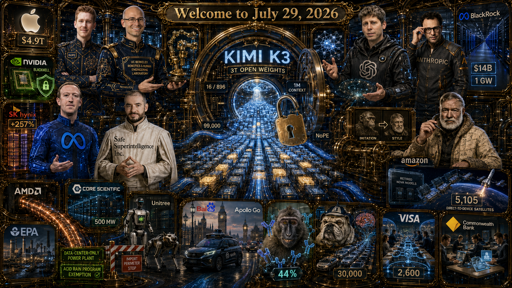 Contemporary AI Synthetic Maximalist Version of Pentaptych to Accompany Dr. Alex Wissner-Gross’s “Welcome to July 29, 2026” edition of The Innermost Loop