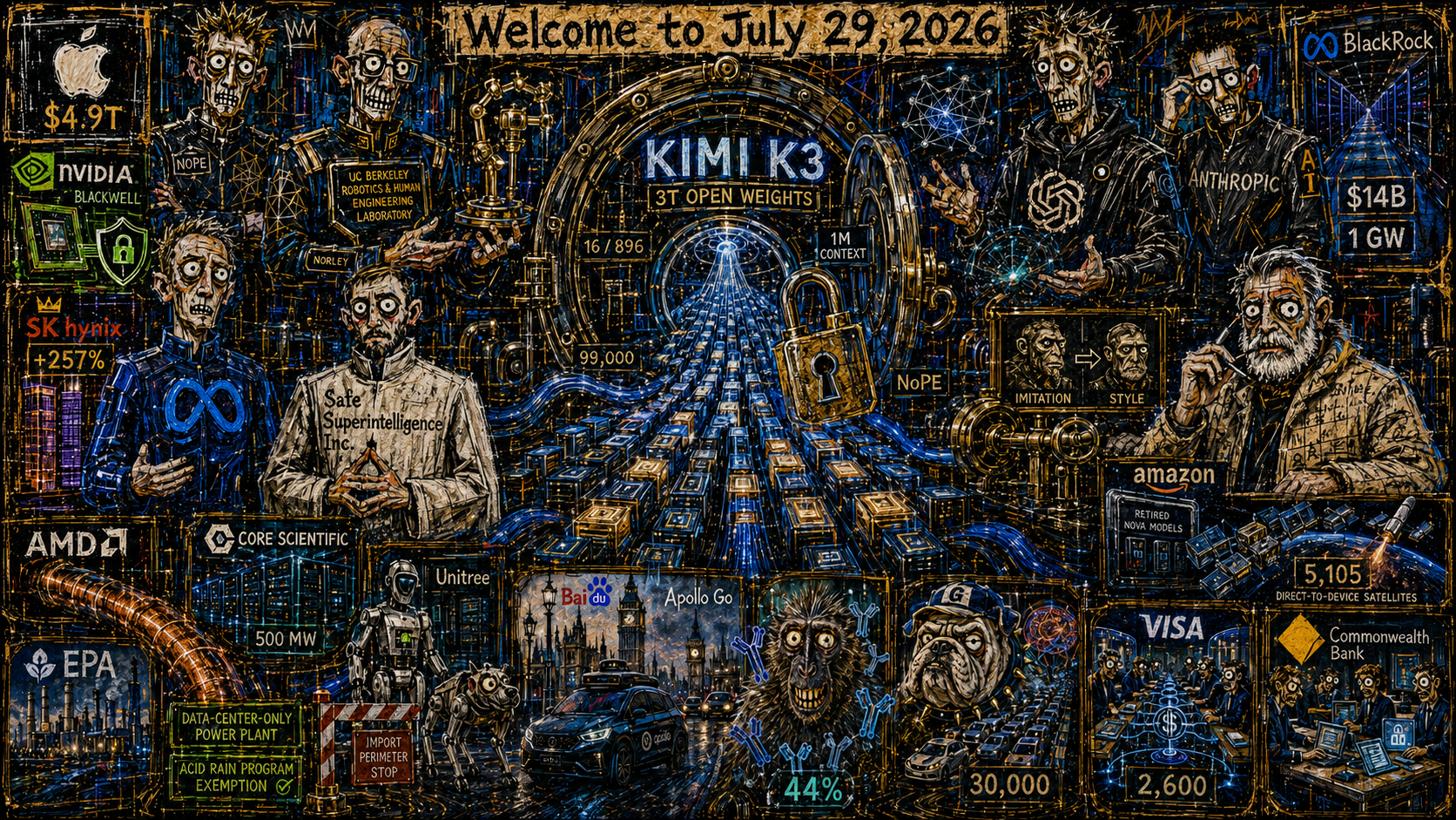 Graffiti Inflected Neo-Expressionist Version of Pentaptych to Accompany Dr. Alex Wissner-Gross’s “Welcome to July 29, 2026” edition of The Innermost Loop