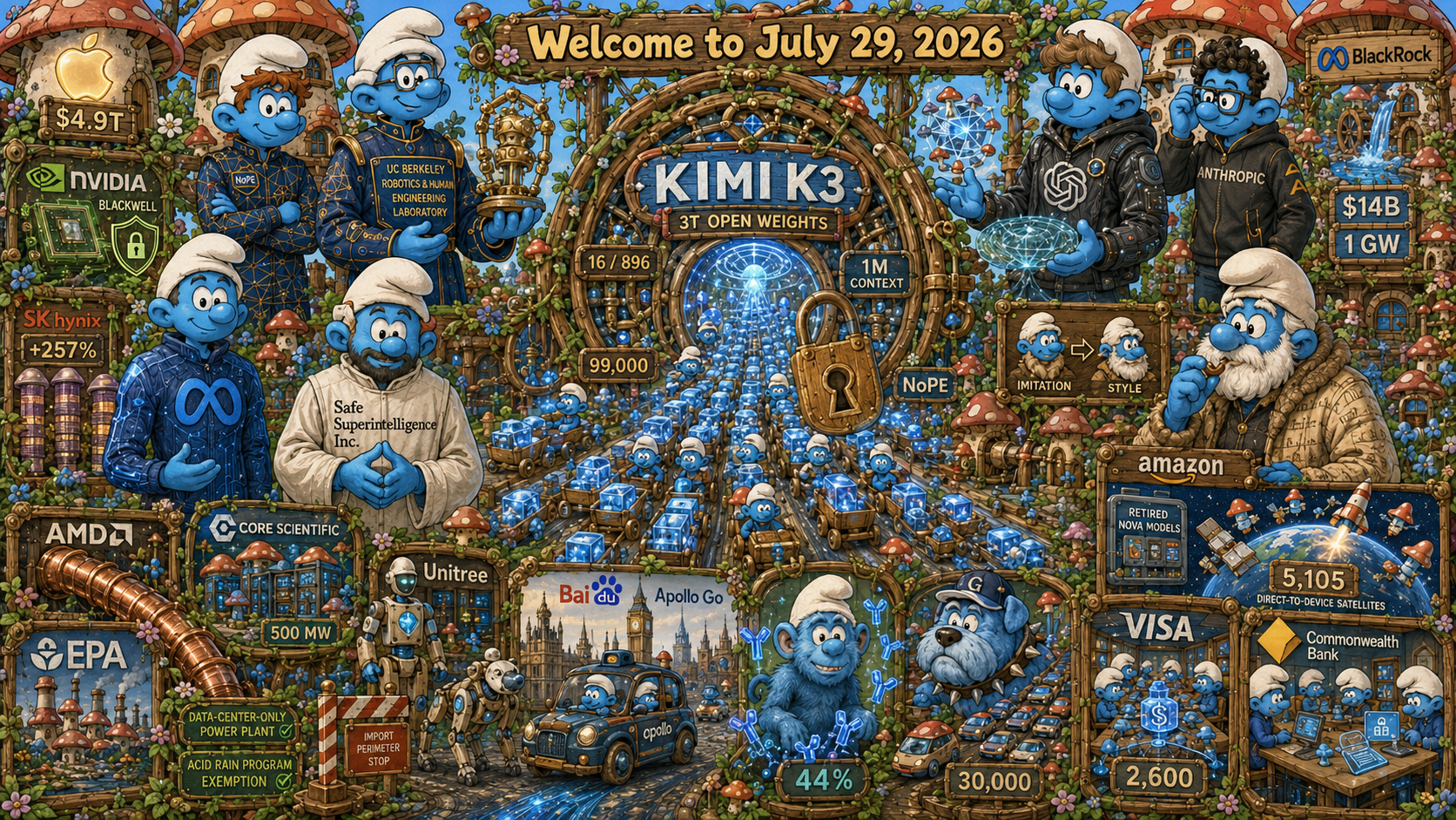 Smurfy Version of Pentaptych to Accompany Dr. Alex Wissner-Gross’s “Welcome to July 29, 2026” edition of The Innermost Loop