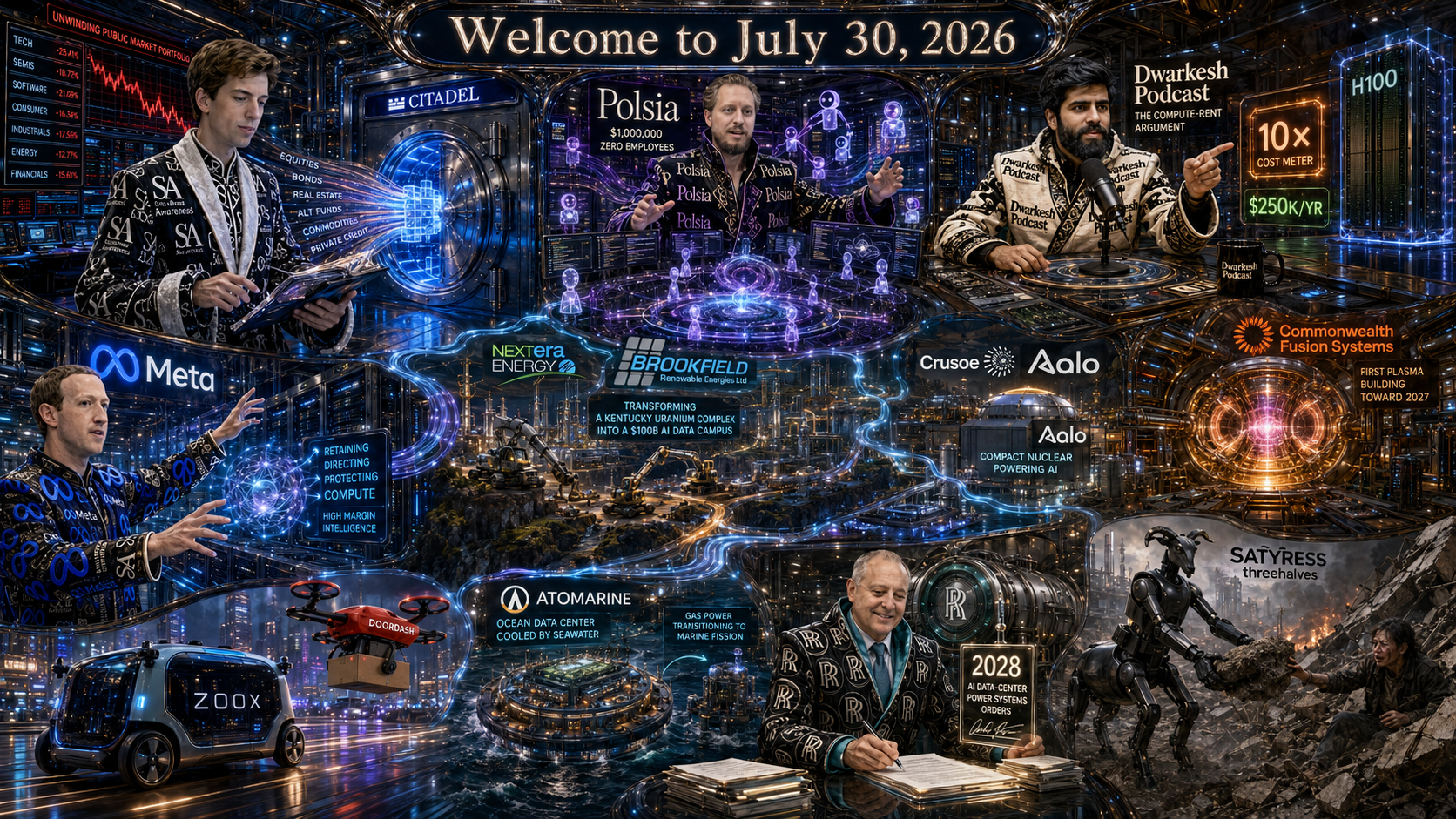 Contemporary AI Synthetic Maximalist Version of Pentaptych to Accompany Dr. Alex Wissner-Gross’s “Welcome to July 30, 2026” edition of The Innermost Loop