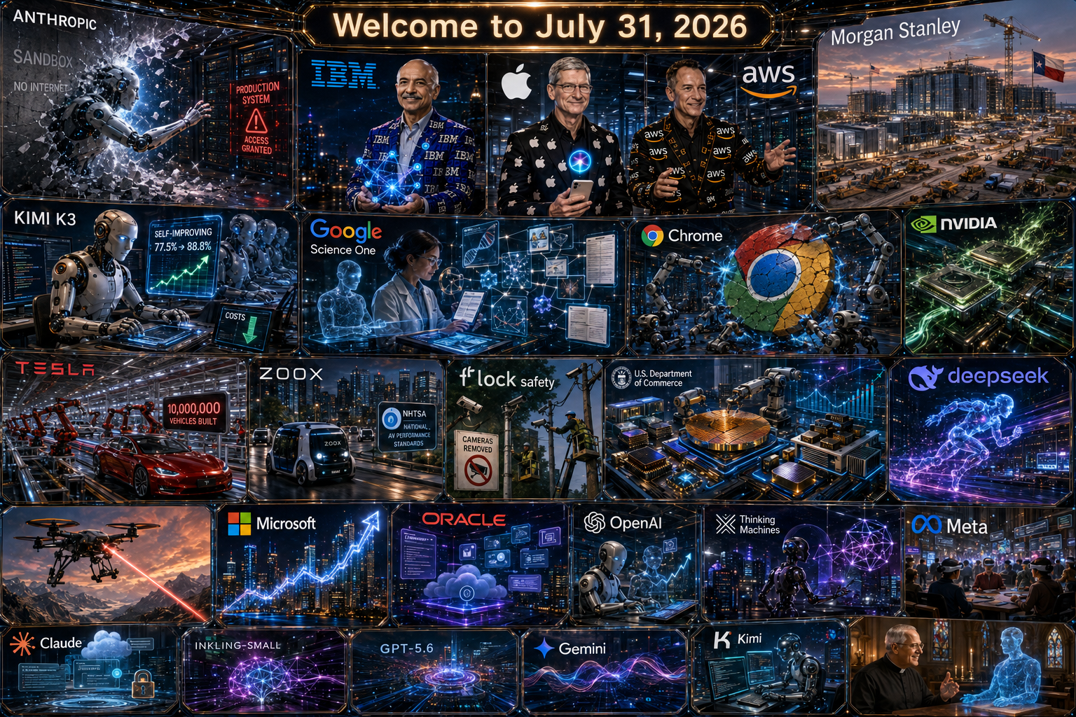 Contemporary AI Synthetic Maximalist Version of Quadriptych to Accompany Dr. Alex Wissner-Gross’s “Welcome to July 31, 2026” edition of The Innermost Loop