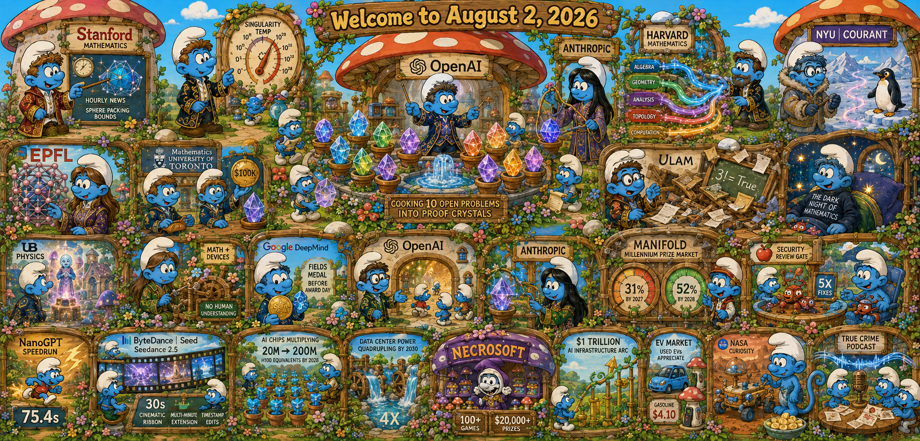 Smurfy Version of Octaptych to Accompany Dr. Alex Wissner-Gross’s “Welcome to August 2, 2026” edition of The Innermost Loop