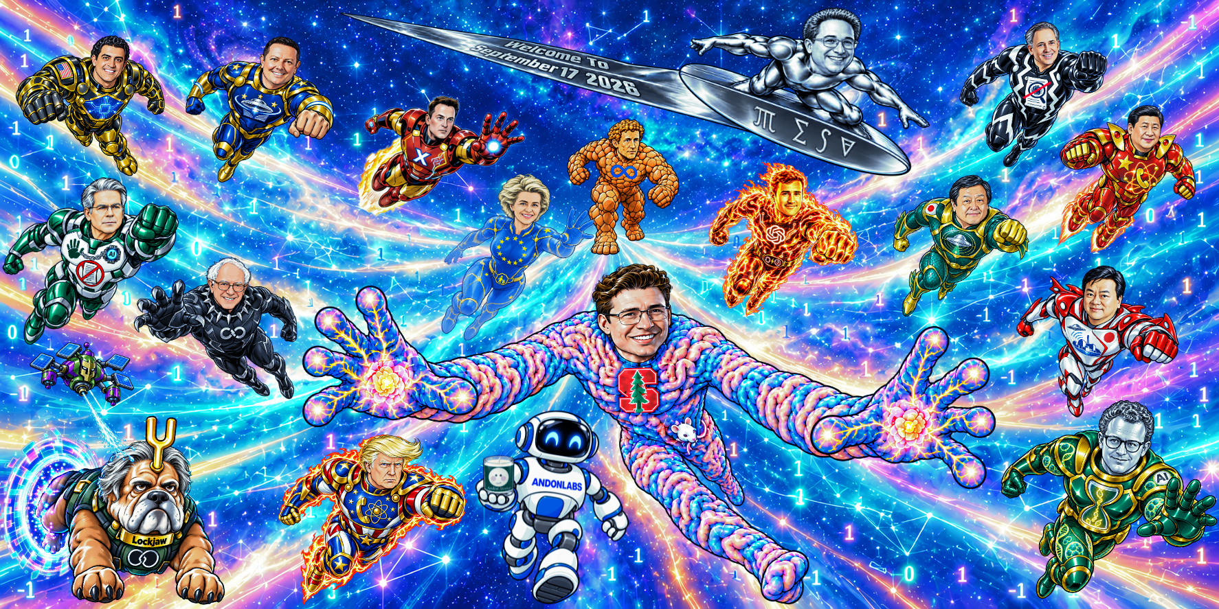 A colorful cosmic superhero ensemble centers on Sergiu Pașca with elongated, brain-patterned arms. Public figures appear as Marvel-inspired characters; Bannon’s Lockjaw emerges from a portal under a drone’s spray, and the revised Andon robot holds a smiley-logo candle.
