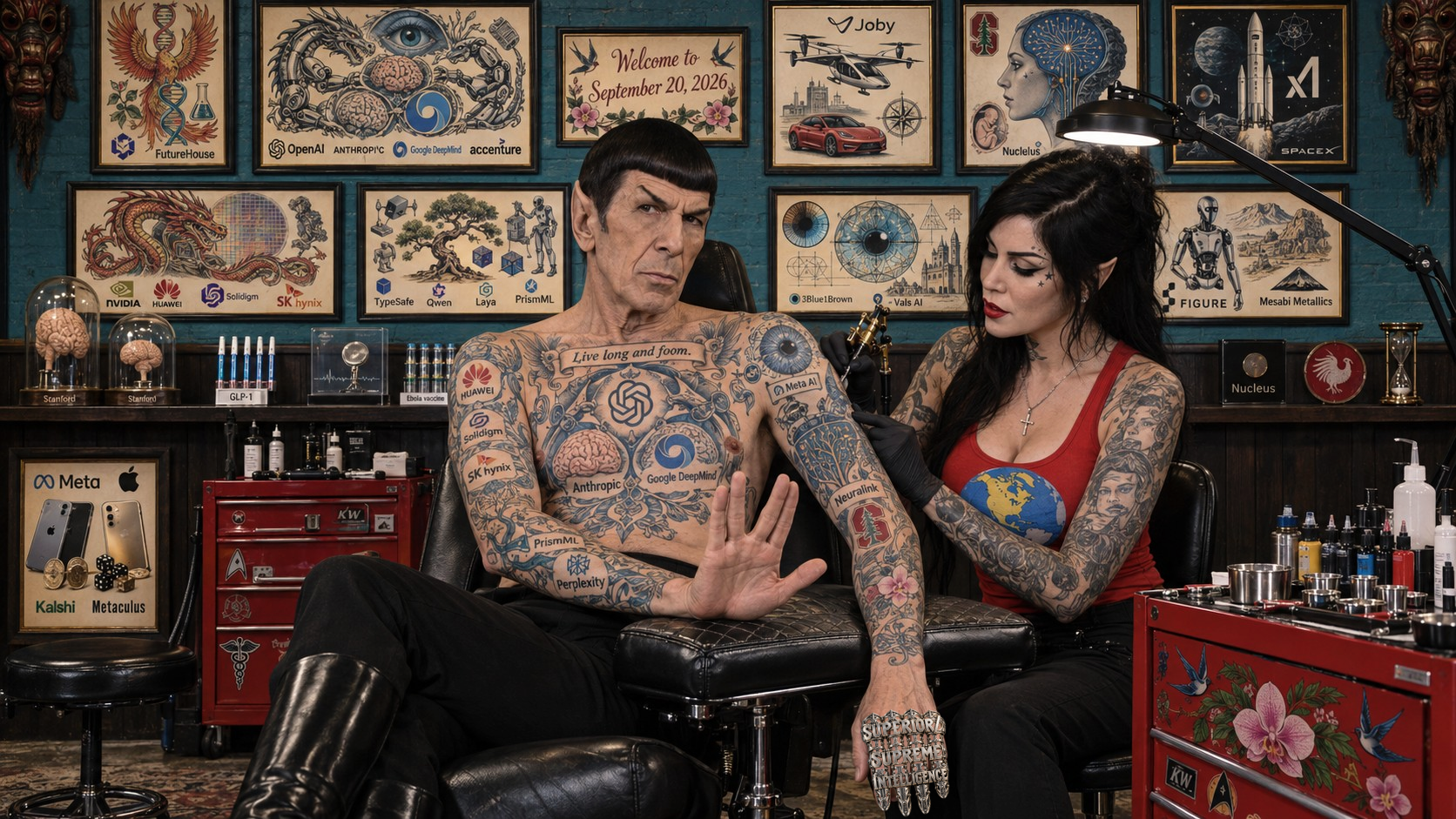 Spock sits in a tattoo chair making a Vulcan salute while a fictionalized Kat Von D tattoos his arm. Their studio contains technology-themed flash art, medical displays, pink orchids, and a globe printed on Kat’s red shirt.