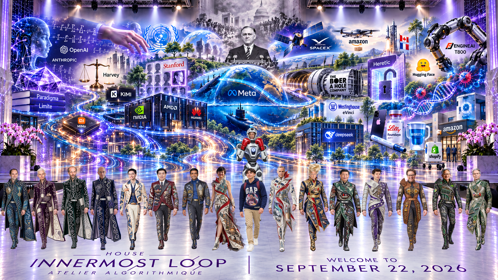 Sixteen people in a runway lineup, with Billy Ramirez in a GAP hoodie at the center and a boxing EngineAI T800 with Mike Tyson’s face behind him. Their illustrated couture stands before a colorful technology collage expanding from a black-and-white Franklin D. Roosevelt scene. Pink orchids flank a glossy lavender runway labeled House Innermost Loop and Welcome to September 22, 2026.