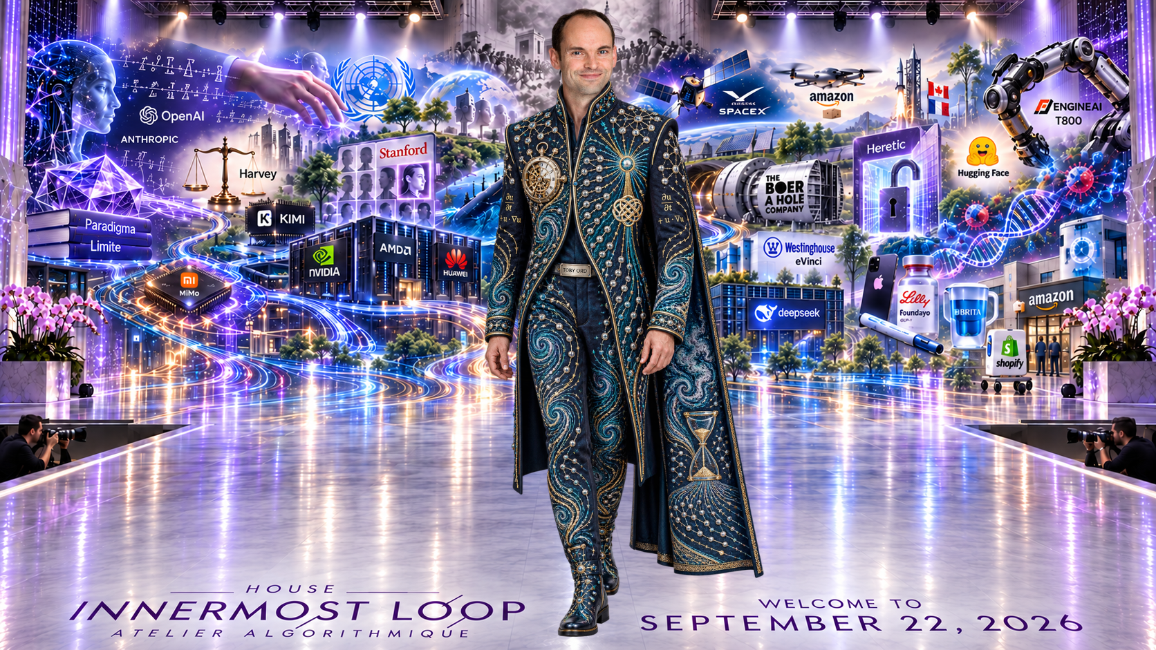 Toby Ord walking alone on a lavender runway before the September 22 technology collage. Ord wears a long, close-fitting midnight-blue and teal ensemble with a raised collar, narrow trousers, embroidered boots, and a restrained trailing side panel.