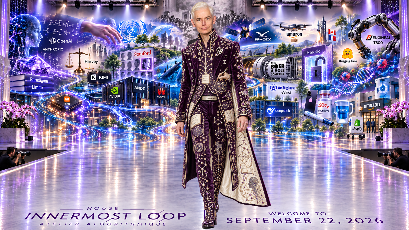 Timothy Gowers walking alone on a lavender runway before the September 22 technology collage. Gowers wears deep plum velvet with gold geometric embroidery, a high collar, and a long coat over matching trousers.