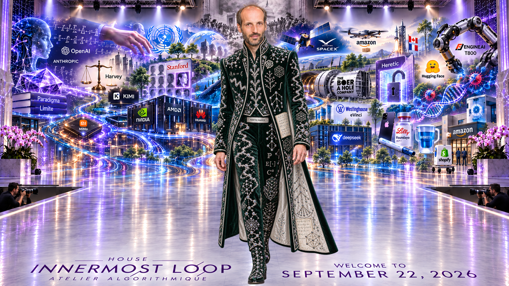 Martin Hairer walking alone on a lavender runway before the September 22 technology collage. Hairer’s long coat and trousers are forest-green velvet edged in silver.
