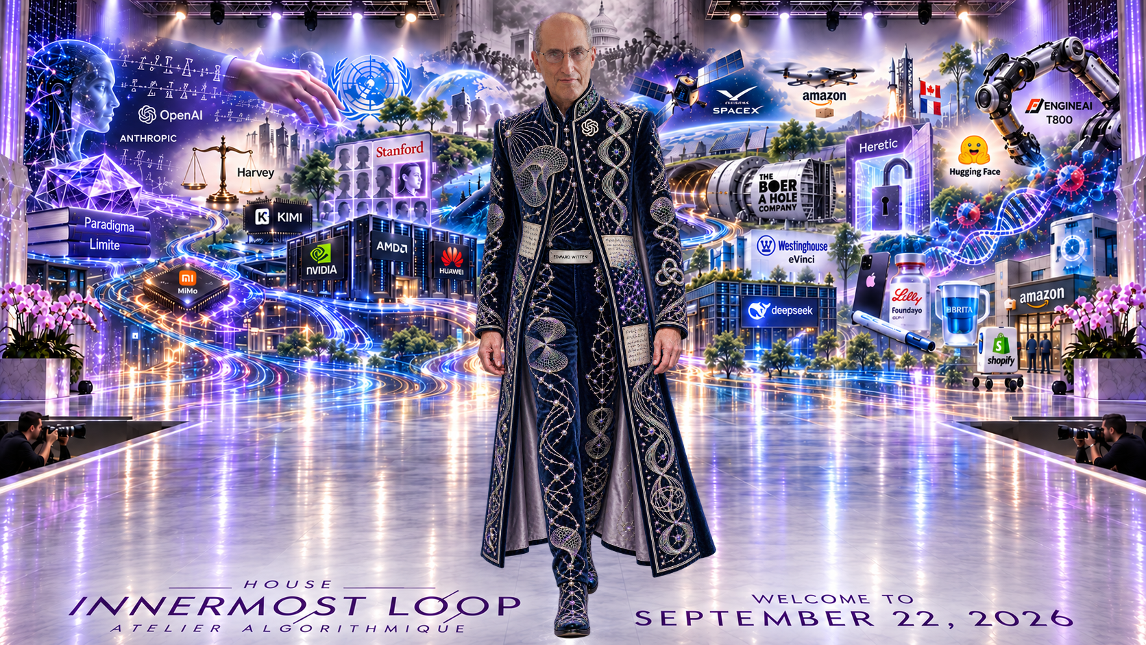 Edward Witten walking alone on a lavender runway before the September 22 technology collage. Witten wears a floor-length midnight-blue coat, matching trousers, and dark boots with platinum-colored lines and violet jewel accents.