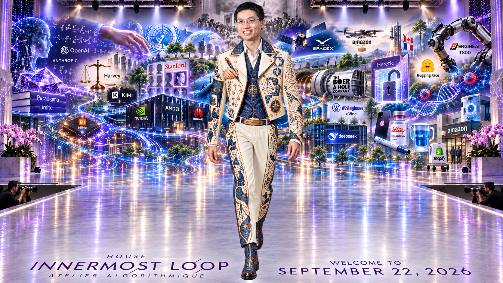 Po-Shen Loh walking alone on a lavender runway before the September 22 technology collage. Loh’s outfit breaks the run of long capes: a cropped ivory jacket, cobalt waistcoat, light trousers, and blue decorated boots.