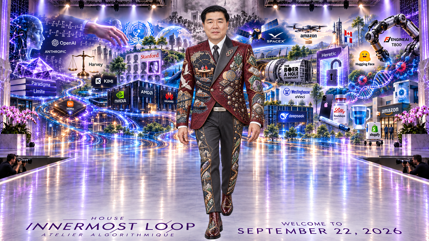 He Lifeng walking alone on a lavender runway before the September 22 technology collage. He Lifeng wears a burgundy brocade jacket with dark lapels over a white shirt and charcoal tie.