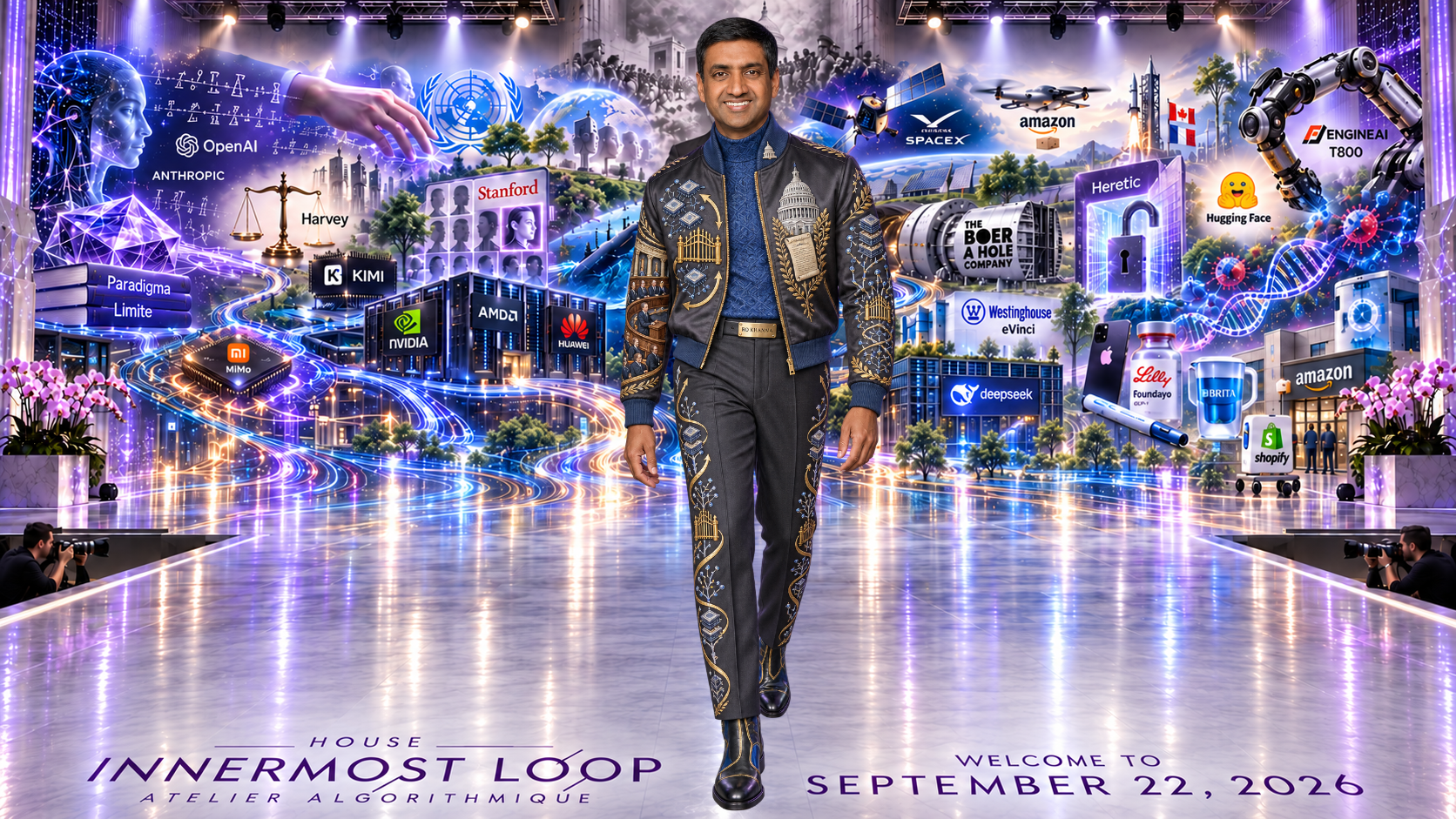 Ro Khanna walking alone on a lavender runway before the September 22 technology collage. Khanna wears a short charcoal bomber-style jacket over a cobalt high-neck garment, with fitted dark trousers and black boots.
