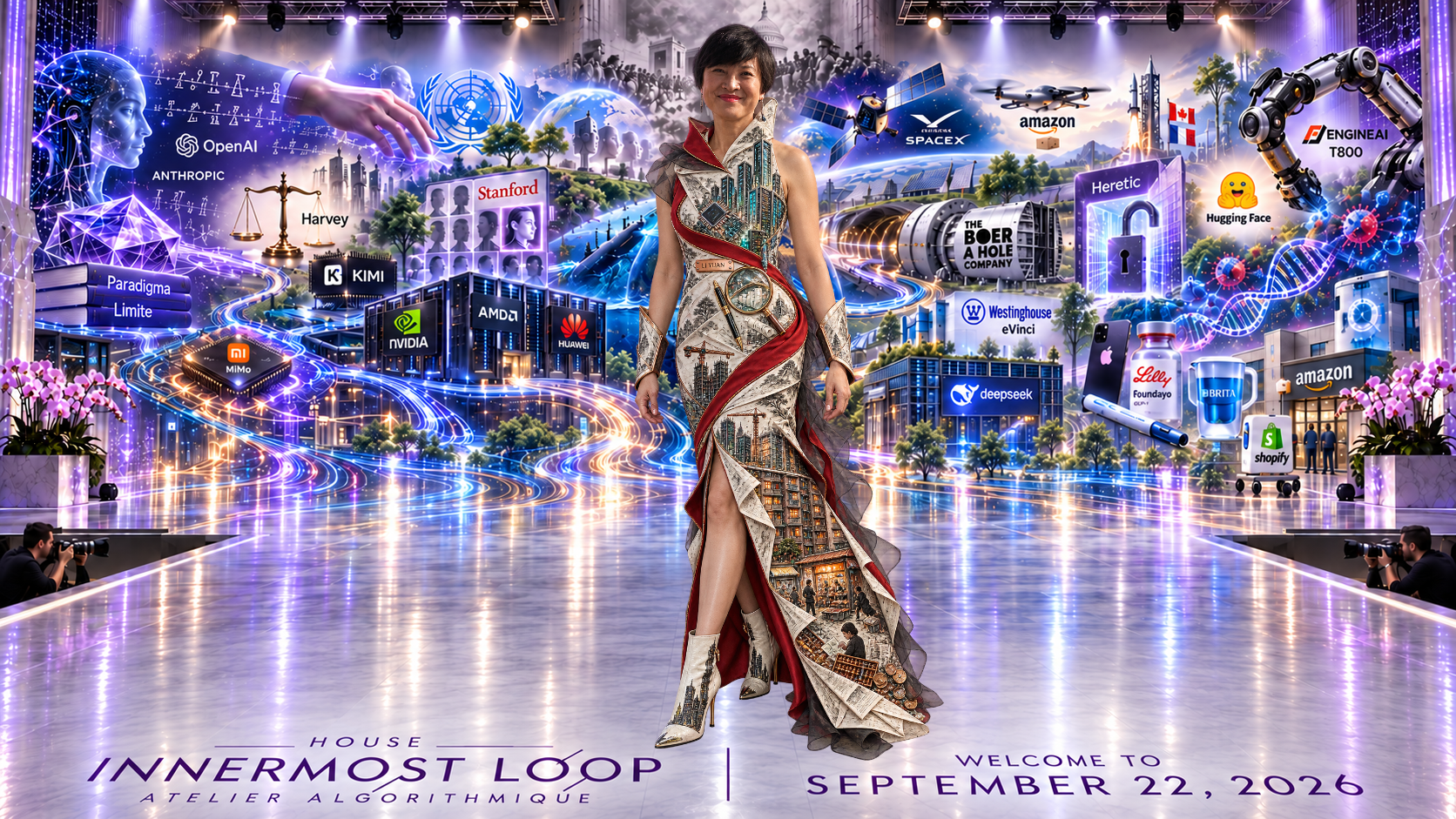 Li Yuan walking alone on a lavender runway before the September 22 technology collage. Li Yuan wears an asymmetrical gown constructed visually from cream newspaper pages and architectural illustrations.