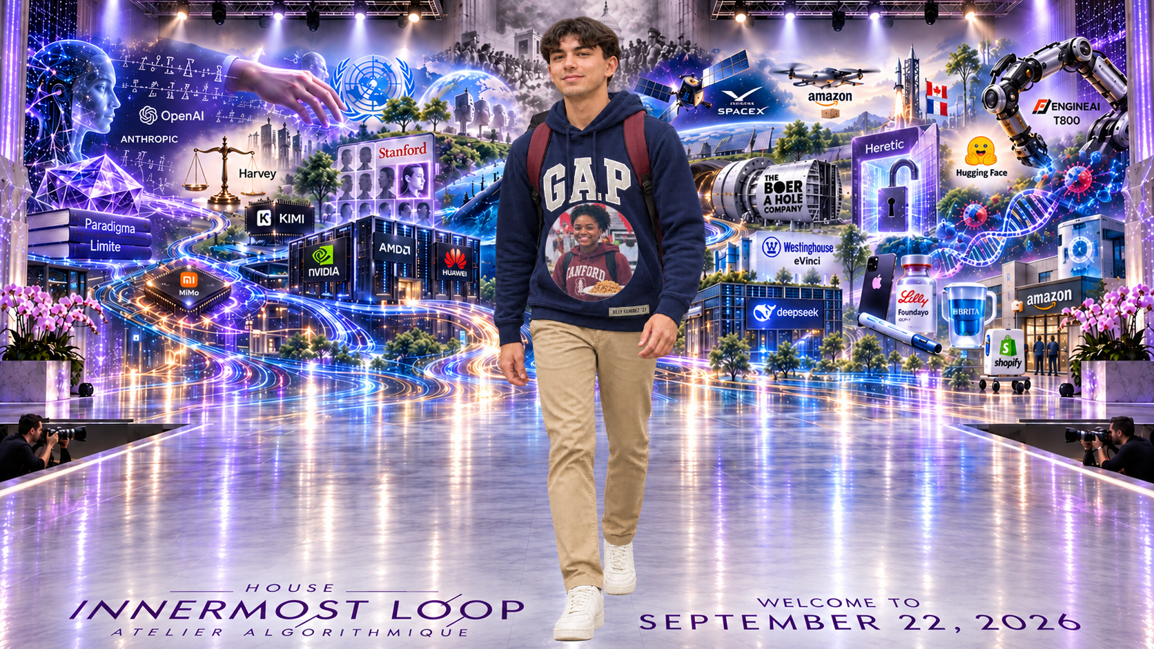 Billy Ramirez walking alone on a lavender runway before the September 22 technology collage. Billy wears a navy GAP hoodie, plain khaki trousers, white low-top sneakers, and a burgundy backpack.