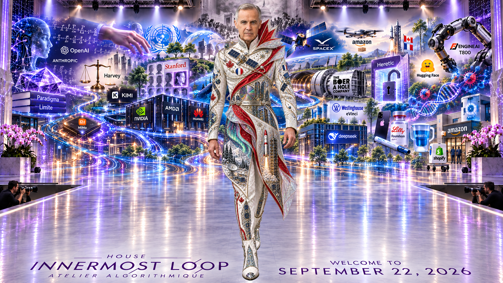 Mark Carney walking alone on a lavender runway before the September 22 technology collage. Carney wears a fitted white, silver, and red futuristic ensemble with a sculptural red collar fin, curving metallic borders, and pointed asymmetrical panels.