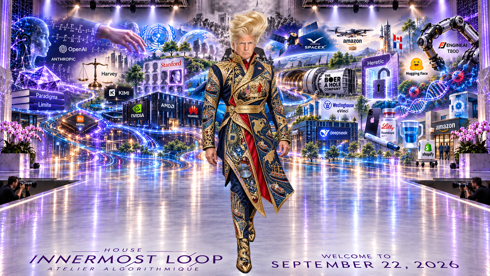 Donald Trump walking alone on a lavender runway before the September 22 technology collage. Trump’s distinguishing feature is deliberately exaggerated, high, swept-up blond hair, added at the user’s request as a visual meme reference.