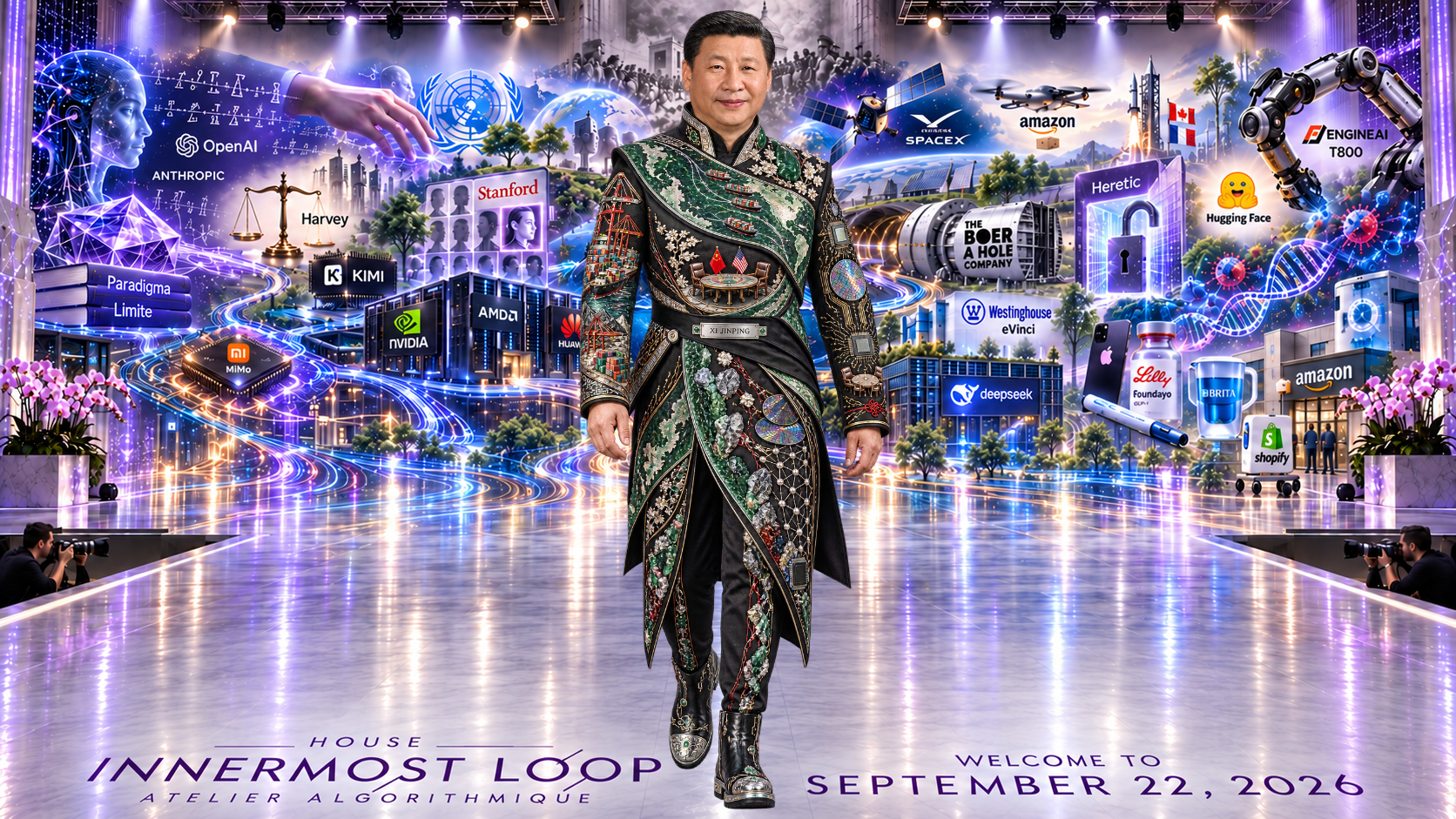 Xi Jinping walking alone on a lavender runway before the September 22 technology collage. Xi wears a high-collared black and jade-green ensemble with an asymmetrical wrap across the chest and sharply tapering coat panels.