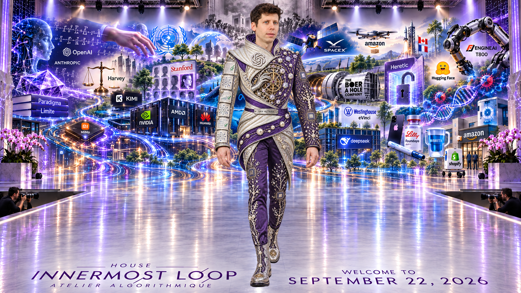 Sam Altman walking alone on a lavender runway before the September 22 technology collage. Altman wears a close-fitting purple and silver ensemble wrapped by broad, curving metallic bands.