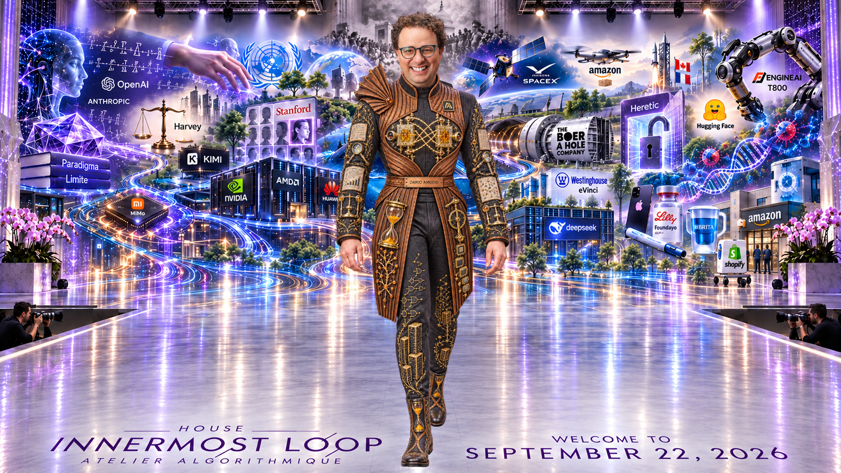 Dario Amodei walking alone on a lavender runway before the September 22 technology collage. Amodei wears black, copper, bronze, and gold rather than another conventional suit.