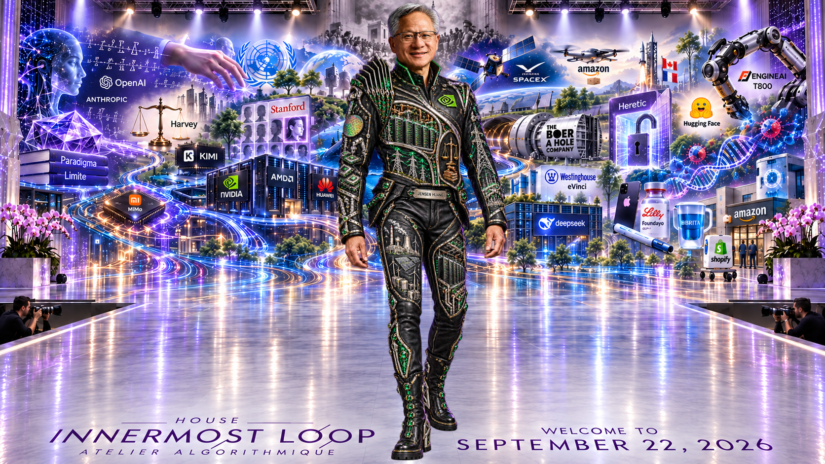 Jensen Huang walking alone on a lavender runway before the September 22 technology collage. Huang’s familiar black-leather association becomes a fitted technological suit traced with emerald-green lights, gold lines, and exposed mechanical ornament.