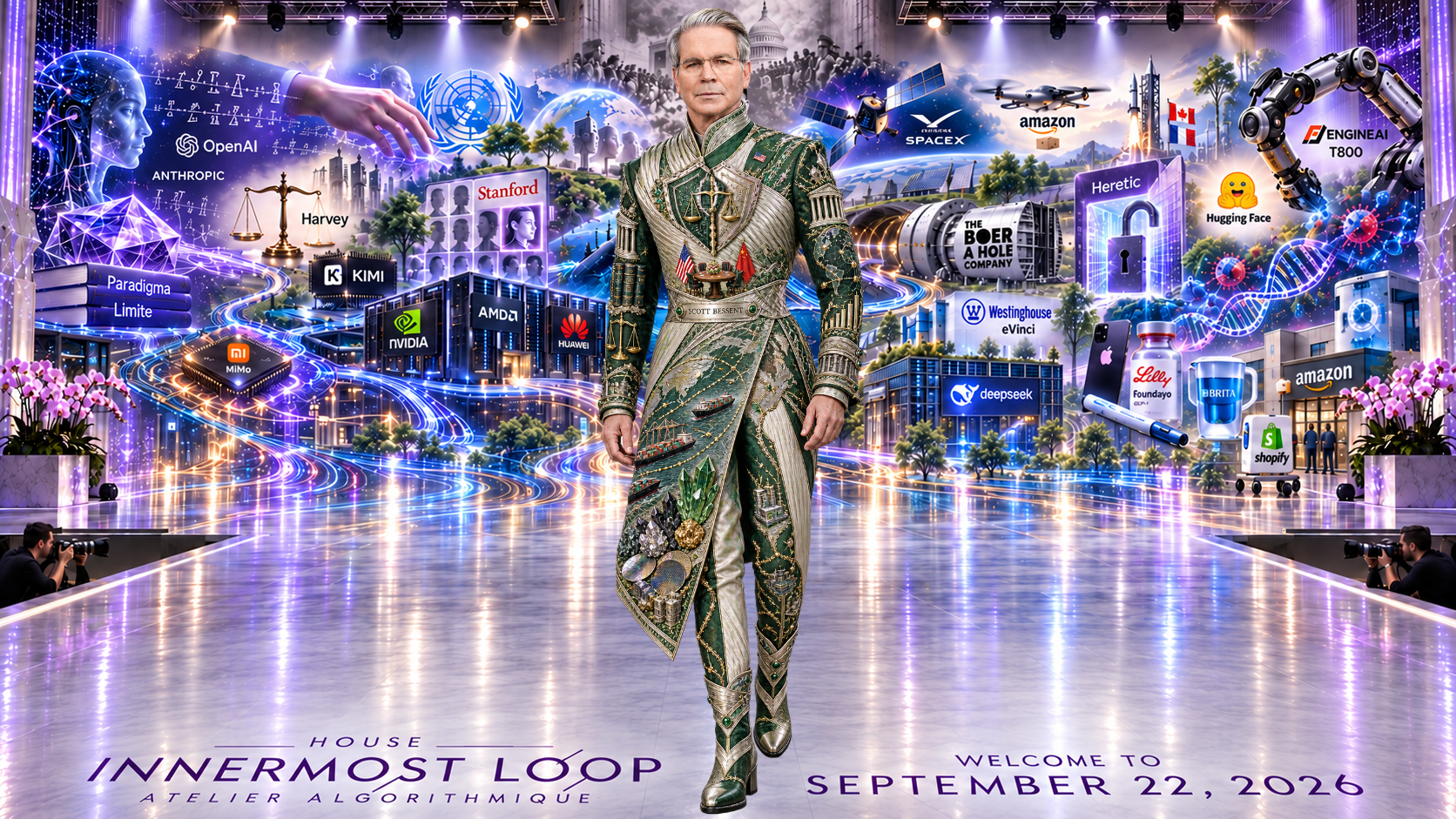 Scott Bessent walking alone on a lavender runway before the September 22 technology collage. Bessent wears an emerald-green and ivory ensemble wrapped by pale ribbed bands, with gold edging and narrow pointed panels.
