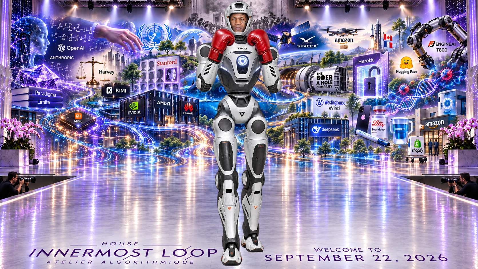 EngineAI T800 (Mike Tyson) walking alone on a lavender runway before the September 22 technology collage. The robot retains a silver-white humanoid shell, black joint sections, circular shoulder and hip structures, long mechanical legs, and broad robotic feet.