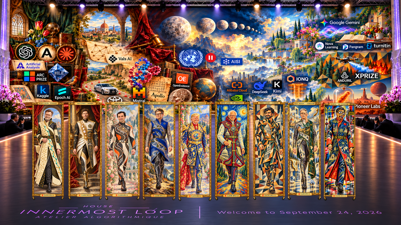Nine framed full-length couture portraits stand across a lavender-lettered runway: Dijkstra, Altman, Power, LeCun, Trump, Sanders, Casar, Bessent and Xi. Their styles progress from Renaissance to Neo-Expressionism. A panoramic backdrop contains graphs, a cone-course car, scientific symbols, shrinking Mercury, cities, a wildfire drone and Martian motifs.