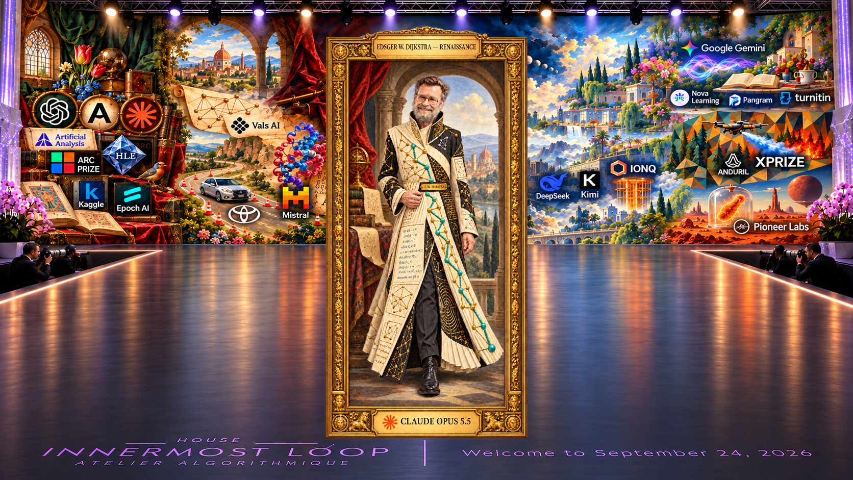 A framed full-length Renaissance couture portrait labeled Edsger Dijkstra, centered on the House Innermost Loop runway before the shared September 24, 2026 painterly panorama. Ivory-and-black scholarly coat with golden graph nodes and edges, a turquoise selected route, manuscript-like panels and a name belt; Renaissance arch, dome, books and instruments.