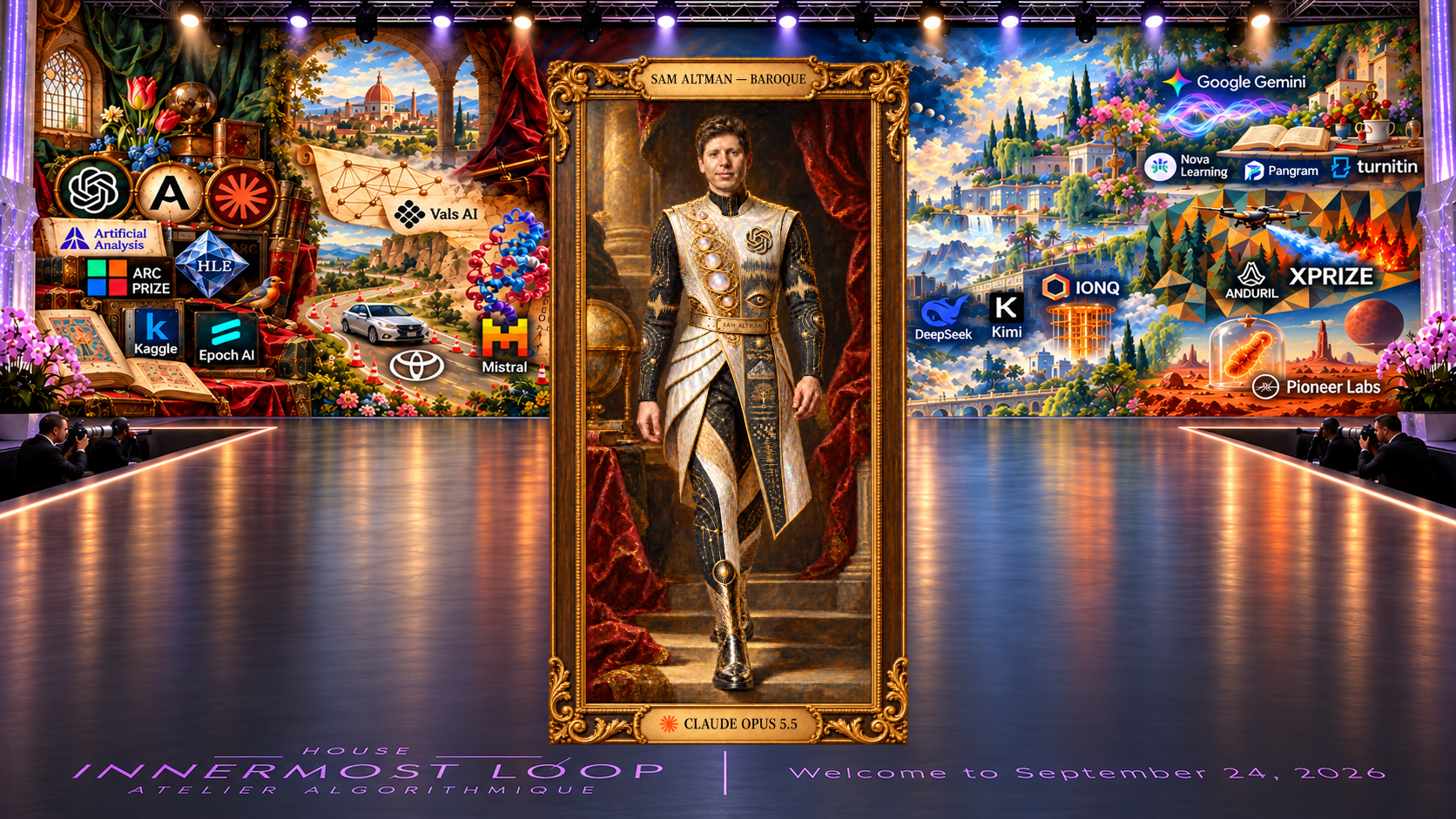A framed full-length Baroque couture portrait labeled Sam Altman, centered on the House Innermost Loop runway before the shared September 24, 2026 painterly panorama. Black, ivory, pearl and gold regalia; OpenAI knot, pearl-like orbs, eye and sound-wave motifs, networked trousers; crimson curtains, column and dramatic light.