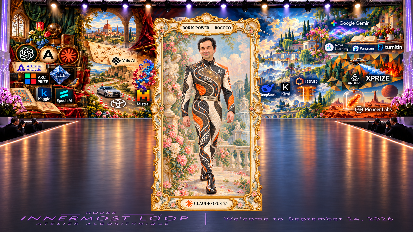 A framed full-length Rococo couture portrait labeled Boris Power, centered on the House Innermost Loop runway before the shared September 24, 2026 painterly panorama. Black, cream and orange racing suit with a road following its seams, miniature silver car, cones, checks and OpenAI mark; ornamental garden and curling frame.