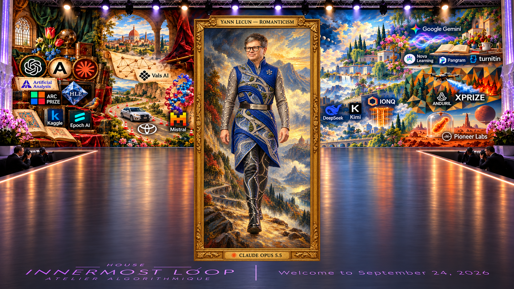 A framed full-length Romanticism couture portrait labeled Yann LeCun, centered on the House Innermost Loop runway before the shared September 24, 2026 painterly panorama. Blue tunic with silver bands, roads, miniature landscapes and network patterns; mountains, viaduct and sublime atmospheric distance.