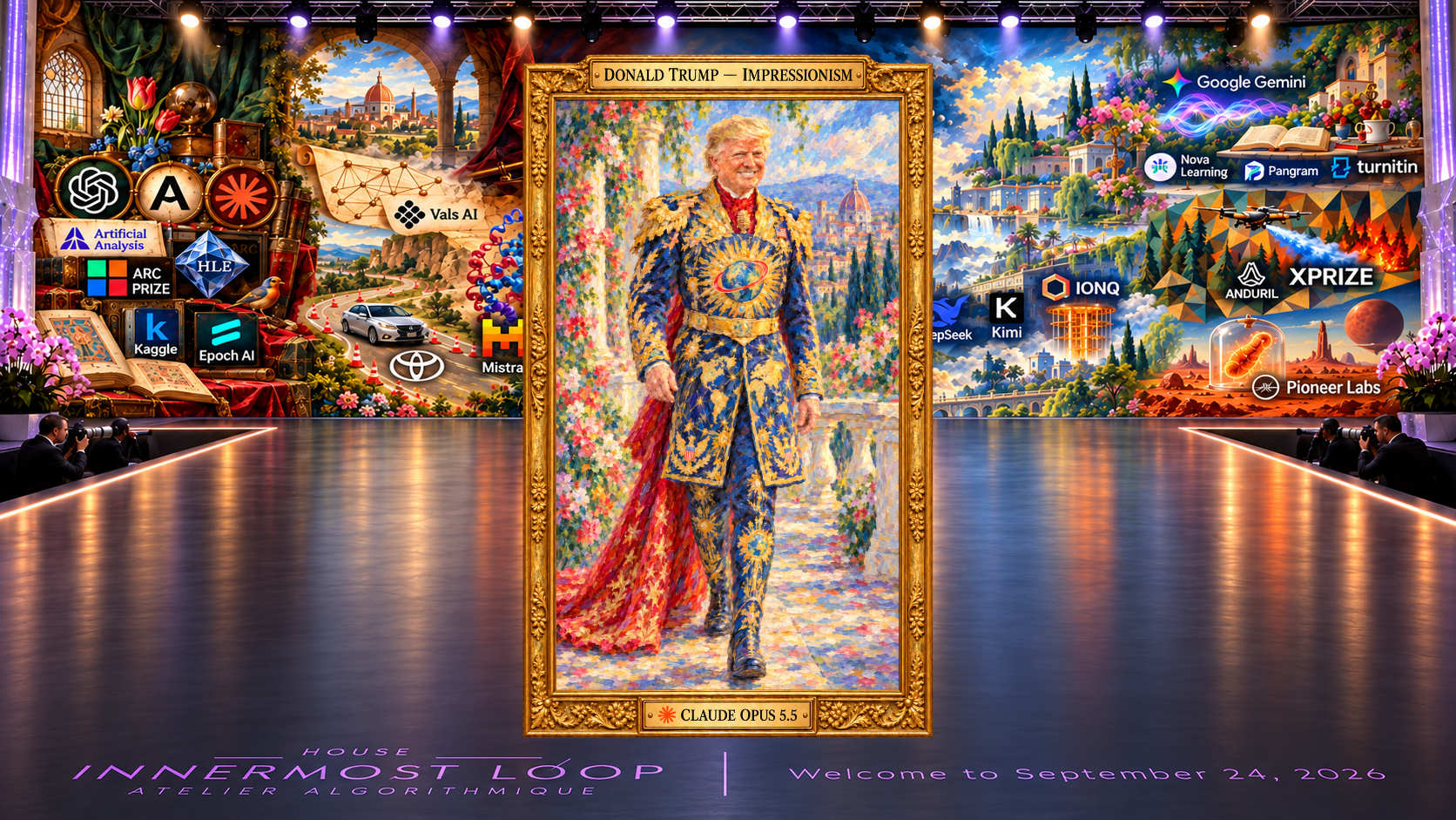 A framed full-length Impressionism couture portrait labeled Donald Trump, centered on the House Innermost Loop runway before the shared September 24, 2026 painterly panorama. Blue-and-gold costume, chest globe, eagles, flags, crimson train and flamboyant blond hair; face and garment rendered in broken colored strokes.
