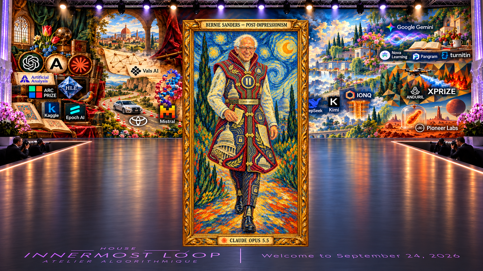 A framed full-length Post-Impressionism couture portrait labeled Bernie Sanders, centered on the House Innermost Loop runway before the shared September 24, 2026 painterly panorama. Red, navy, cream and gold coat; pause medallion, Capitol domes, locks, documents and circuitry; vigorous brushwork and Van Gogh-like sky.