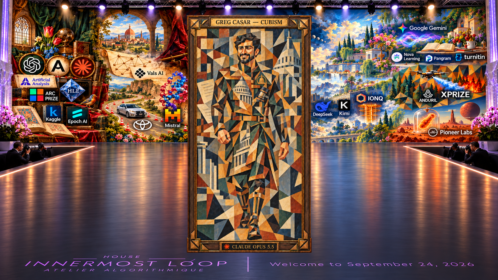 A framed full-length Cubism couture portrait labeled Greg Casar, centered on the House Innermost Loop runway before the shared September 24, 2026 painterly panorama. Green, brown, ochre and copper facets across face, body and garment; Capitol, document and judgment motifs; angular frame.