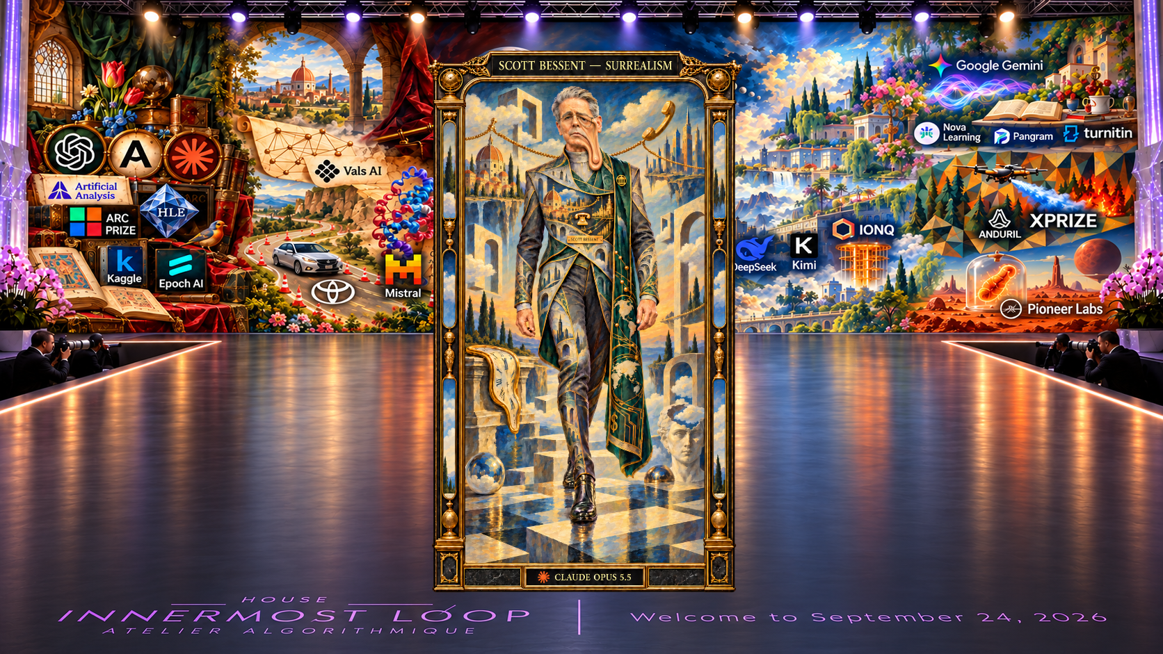 A framed full-length Surrealism couture portrait labeled Scott Bessent, centered on the House Innermost Loop runway before the shared September 24, 2026 painterly panorama. Graphite, silver, jade and gold architectural clothing; green stole, globe and telephone; floating receiver, soft clock, impossible architecture and melting cheek/jaw.