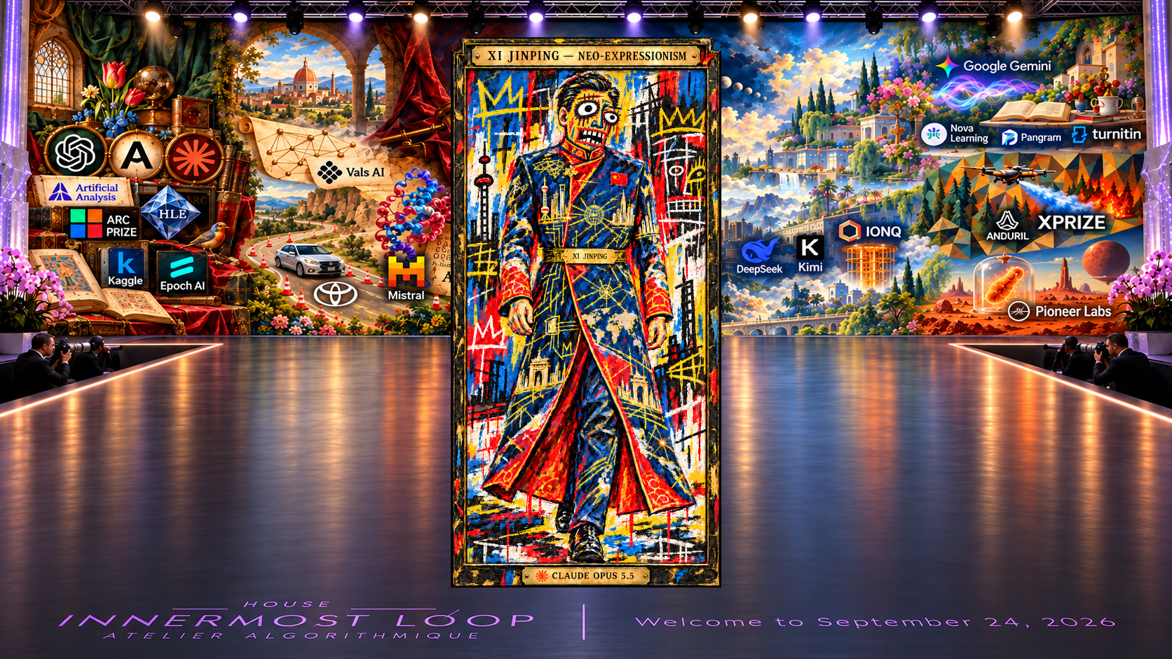 A framed full-length Neo-Expressionism couture portrait labeled Xi Jinping, centered on the House Innermost Loop runway before the shared September 24, 2026 painterly panorama. High-collared navy coat with red lining, Chinese badge, gold city/network motifs; unequal enlarged eyes, angular mouth, crowns and raw marks.