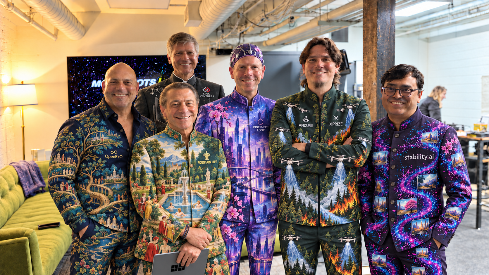 Six men pose in an informal backstage room beside a green couch and a Moonshots screen. From left across the foreground: Salim Ismail in navy and gold branches; Peter Diamandis holding a tablet over a painted garden; Alex Wissner-Gross in a violet cityscape and orchid cap; Palmer Luckey in a green forest-and-drone suit; and Emad Mostaque in plum clothing patterned with miniature images. Dave Blundin stands behind Peter in charcoal and silver.