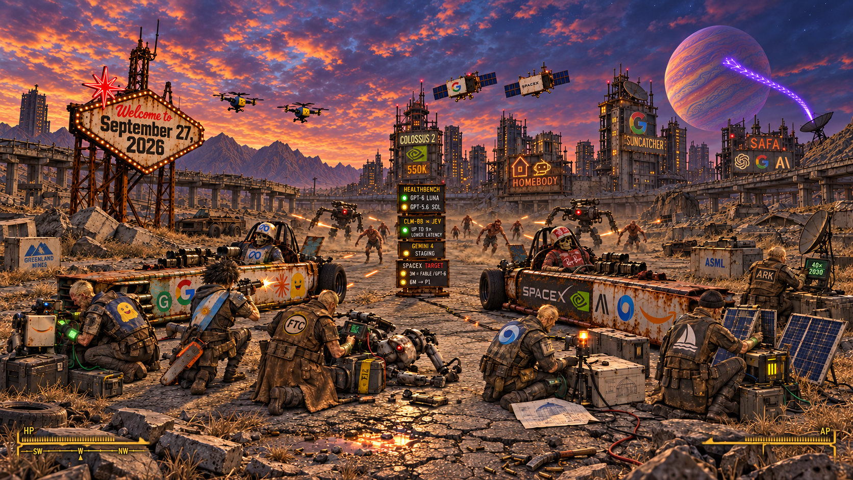 Fallout-inspired ruined Las Vegas at dusk. Six armored avatars repair robots, fire from behind branded racers, inspect machinery, study plans, tend solar panels and operate an uplink. AI signs, drones, satellites and an enormous radio-emitting planet fill the background.