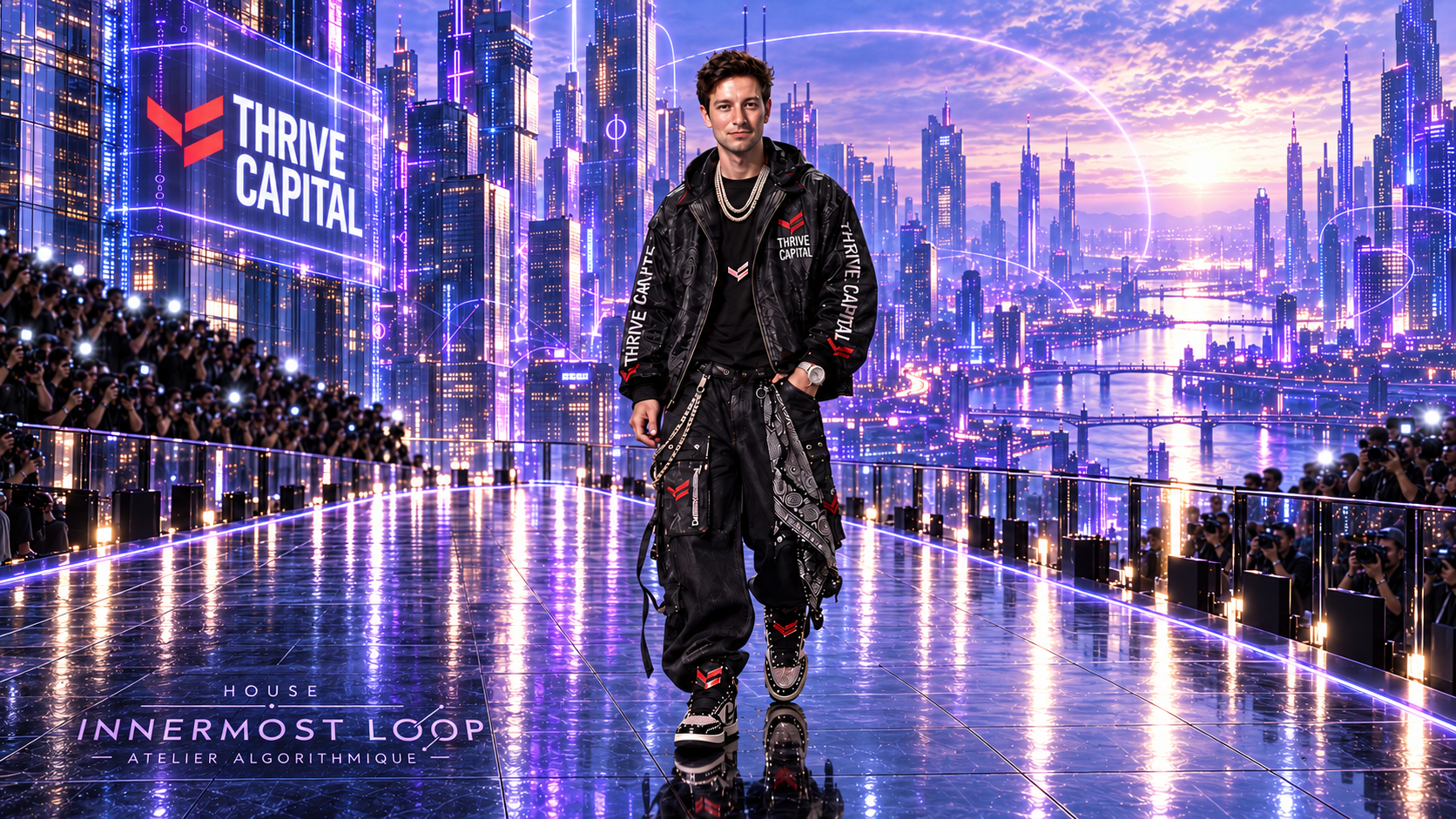 Joshua Kushner wears black Thrive Capital streetwear, silver chains and wide cargo trousers on a reflective runway against a violet futuristic city.