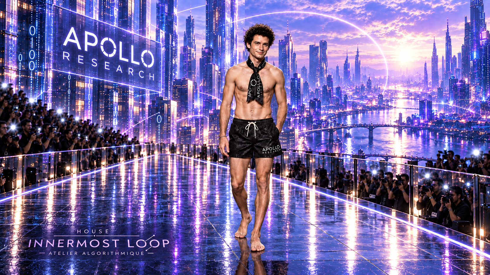 Marius Hobbhahn walks barefoot in black Apollo Research shorts and a narrow scarf on a reflective runway against a violet futuristic city.