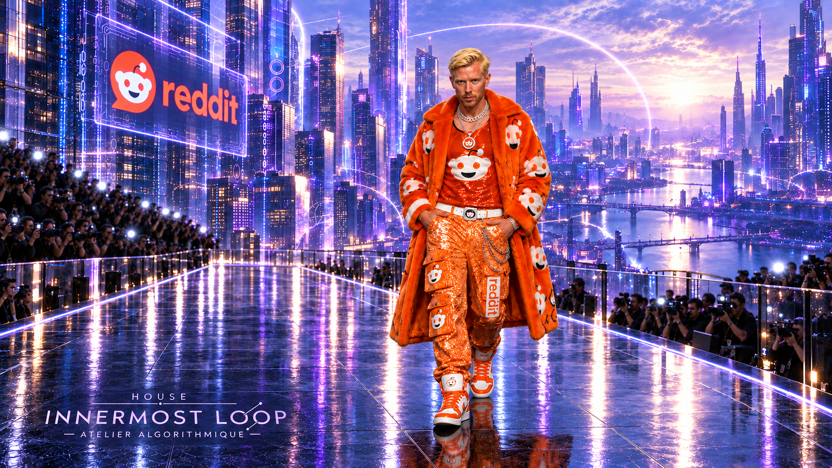 Steve Huffman wears an orange Reddit coat, matching trousers and high-top shoes on a reflective runway against a violet futuristic city.