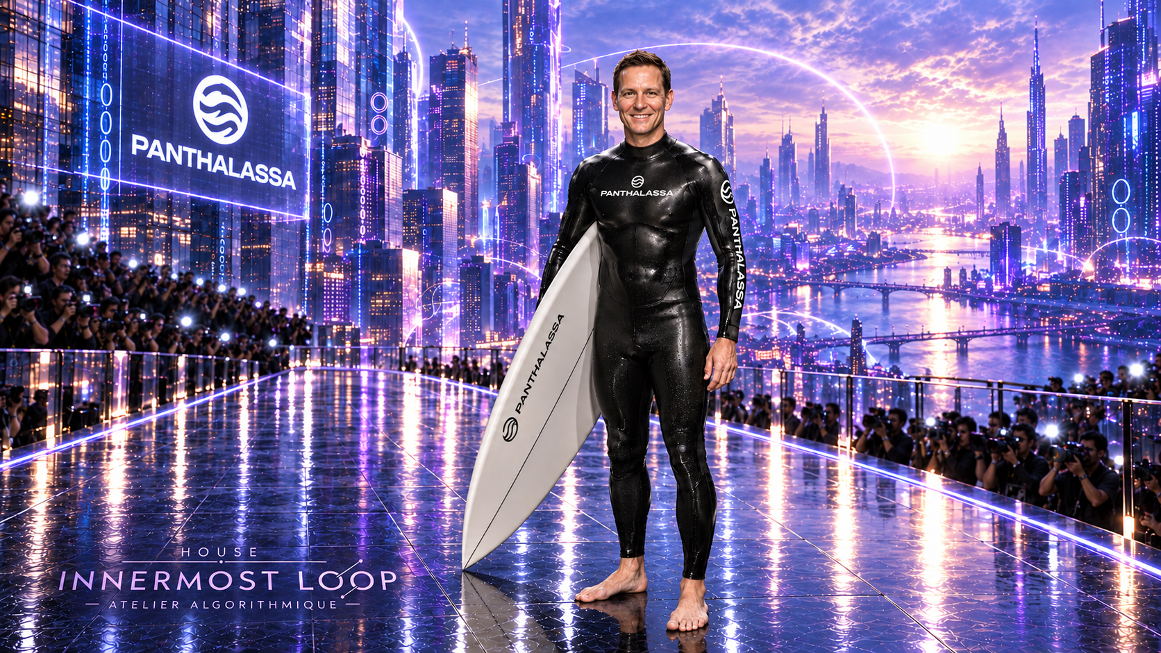 Peter Thiel stands barefoot in a black Panthalassa wetsuit holding a tall white surfboard on a runway against a violet futuristic city.
